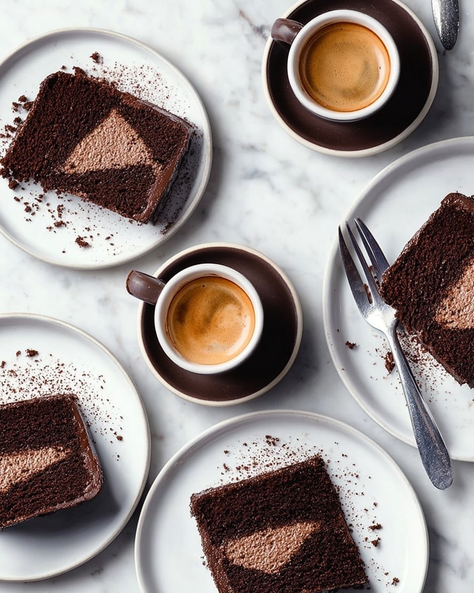 The image shows two slices of chocolate cake on white plates, each slice having two layers of dark brown chocolate cake with a lighter brown creamy filling layer in the middle; one slice has a silver fork resting beside it. Next to each plate is a small white cup filled with espresso on a black saucer. The items sit on a black and white patterned tile surface with a white marbled texture. photo taken with an iphone --ar 4:5 --v 7
