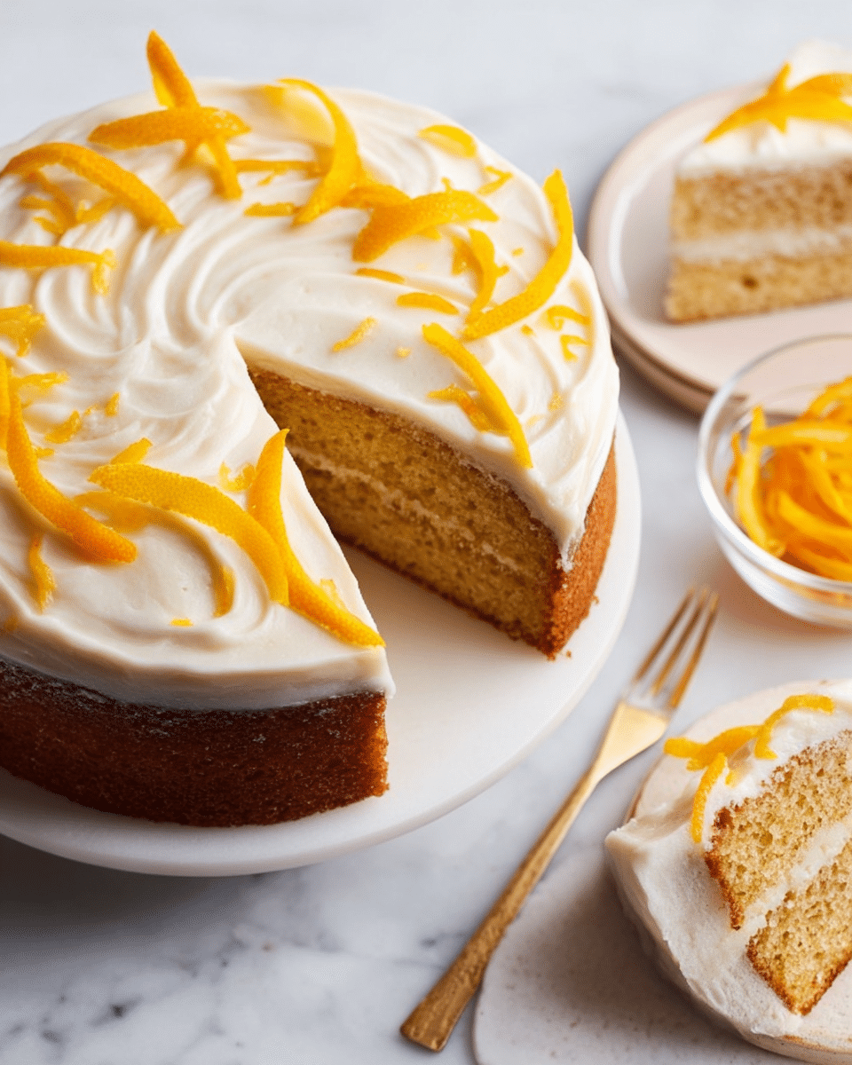 A round cake with two layers is shown, each layer is light brown and soft. The top is covered with a thick, smooth white cream spread in circular swirls. On top of the cream, there are thin, curved strips of bright orange citrus peel evenly placed around the edge. A slice is cut out, revealing the neat inner cake layers. The cake sits on a white marbled surface. To the right, there is a white plate with a slice of cake showing the same layers, and a gold fork rests beside it. A small clear bowl filled with more orange peel strips is also on the white marbled surface nearby. Photo taken with an iphone --ar 4:5 --v 7