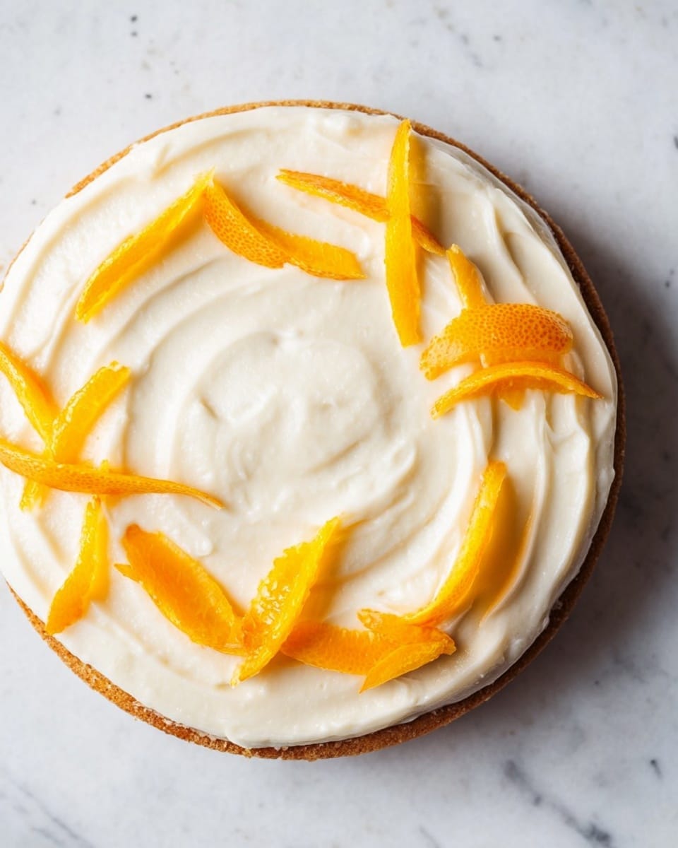 A single cake layer is shown with light brown color and a soft texture. It is covered with a thick, creamy white frosting that has smooth swirls on top. Around the edge of the frosting are thin strips of bright orange peel, adding color contrast. The cake is placed on a white marbled surface. Photo taken with an iphone --ar 4:5 --v 7