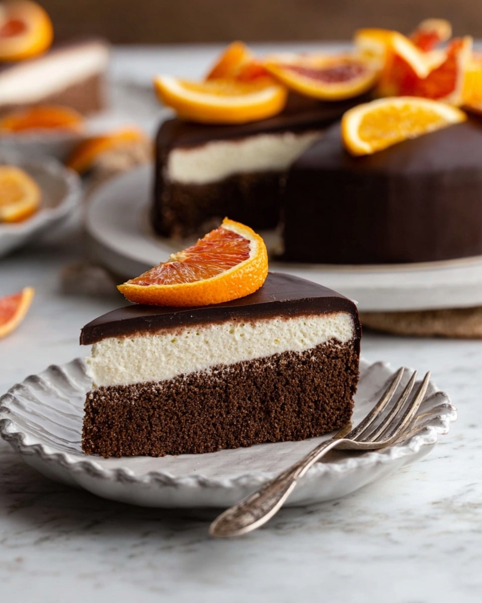 A single slice of chocolate cake sits on a white scalloped plate with a silver fork beside it. The cake has two layers: a thick, dark brown, moist chocolate base and a light, creamy white layer on top. The entire slice is covered in a smooth, dark chocolate coating. On top, there are two thin orange slices with a bright orange and red color placed near the edge. In the background, there is a whole chocolate cake decorated with more orange slices, all on a white marbled surface. photo taken with an iphone --ar 4:5 --v 7