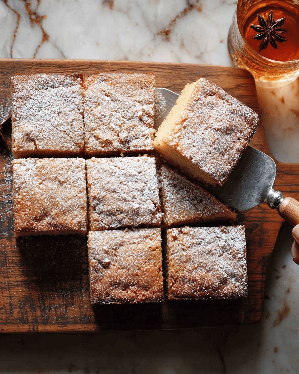 A square cake cut into nine even pieces sits on a rustic wooden board. The cake is golden brown with a soft texture and a dusting of powdered sugar on top, giving it a light, snowy appearance. One piece is slightly lifted by a metal spatula with a wooden handle, showing the cake’s thickness and moist inside. Next to the board is a short glass filled with a dark amber drink, placed on a white marbled surface. photo taken with an iphone --ar 4:5 --v 7