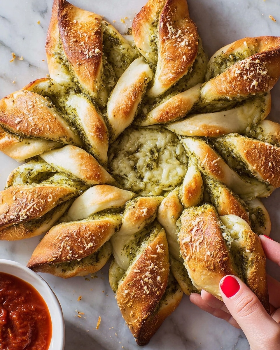 The dish is a twisted star-shaped bread with a golden brown crust in the center, sprinkled lightly with small bits of baked cheese. Surrounding the center are multiple twisted segments, each made of several thin layers of dough with a green pesto filling visible between the folds, creating a textured look. The dough layers are pale with browned edges, and the pesto adds a rich green color inside the twists. A woman's hand with red painted nails is holding one of the twisted segments on the right side. The bread sits on a white marbled surface, and a small white bowl of red sauce is partially visible in the lower right corner. Photo taken with an iphone --ar 4:5 --v 7