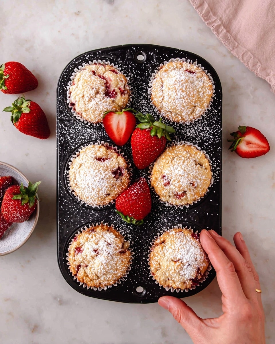 A black muffin tray holds five golden-brown strawberry muffins, each dusted with white powdered sugar. The muffins show hints of red strawberry pieces inside, giving a speckled texture. In the center cup of the tray, there are bright red whole strawberries with green leaves, and additional fresh strawberry halves with red juicy flesh and green tops are placed around the tray. A woman's hand is gently lifting one of the muffins from the tray. The tray is set on a white marbled texture. Photo taken with an iphone --ar 4:5 --v 7