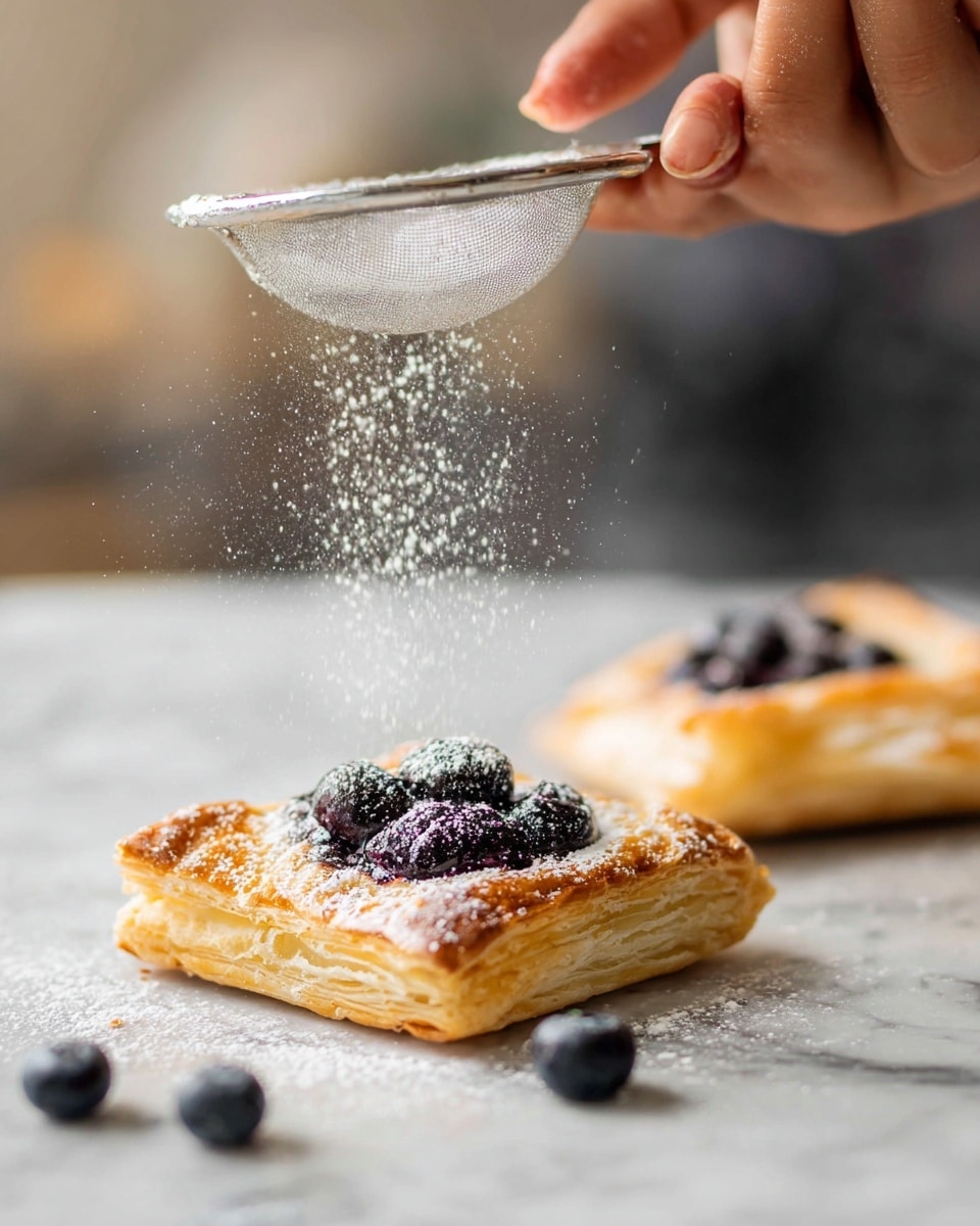 A white marbled surface holds two square puff pastries, each with three visible layers of flaky golden-brown crust. The top layer of the pastries has a slightly glossy texture with a browned, crispy edge. In the center of each pastry is a dark purple blueberry filling, with some whole blueberries scattered casually around them. Above the pastries, a woman's hand is holding a metal sifter releasing fine white powdered sugar that falls gently down like a soft cloud over the pastries. The background is softly blurred, keeping the focus on the falling sugar and the pastries below. photo taken with an iphone --ar 4:5 --v 7