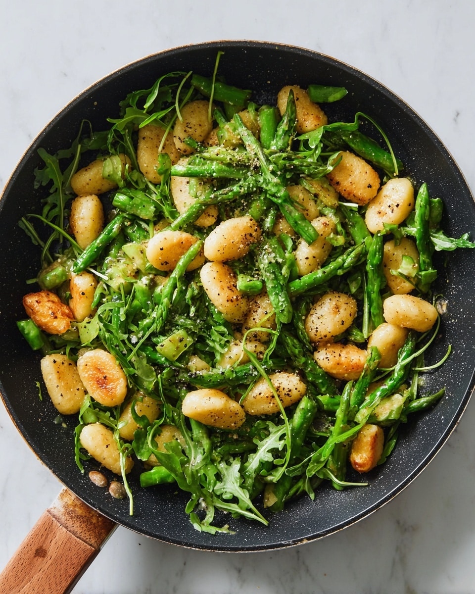 The image shows a black skillet filled with a dish of golden-brown gnocchi, fresh green asparagus cut into small pieces, and bright green arugula leaves. The gnocchi is pan-fried to a light crispy texture with a warm golden color, mixed evenly with the vibrant asparagus and leafy arugula. There are tiny specks of black pepper sprinkled over the top, and the wooden handle of the skillet is visible on the right side. The skillet is placed on a white marbled surface. photo taken with an iphone --ar 4:5 --v 7