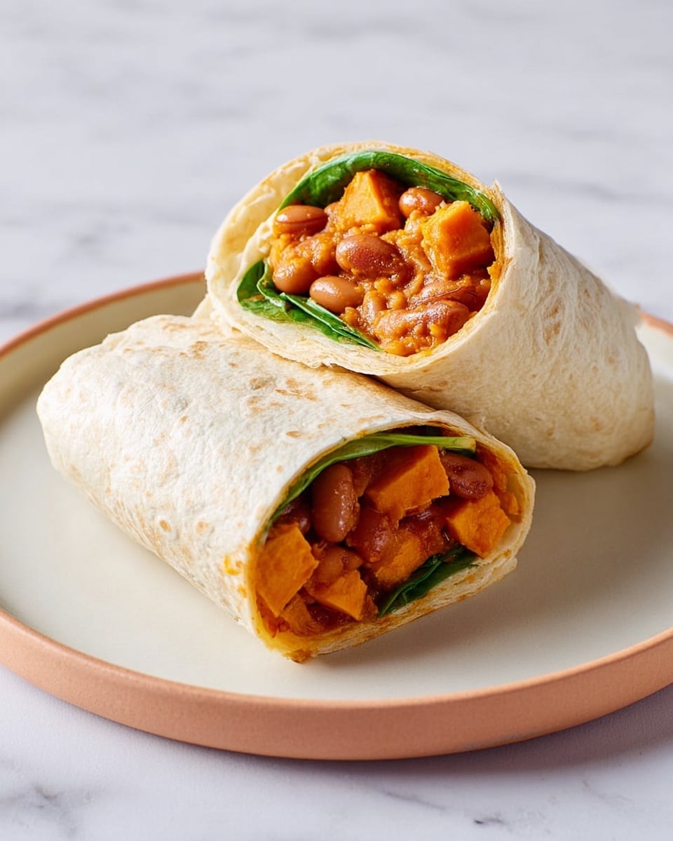 Two tortilla wraps cut in half show their filling, placed on a white plate with a soft peach rim on a white marbled surface. Each wrap is folded into a cylindrical shape with a light beige, slightly toasted tortilla holding the layers inside. The filling consists of three visible layers: a base layer of bright green spinach leaves, a middle layer of chunky orange sweet potato pieces, and a top layer filled with reddish-brown beans in a thick sauce. The texture of the beans looks soft and saucy, the sweet potatoes appear tender, and the spinach looks fresh and crisp. photo taken with an iphone --ar 4:5 --v 7