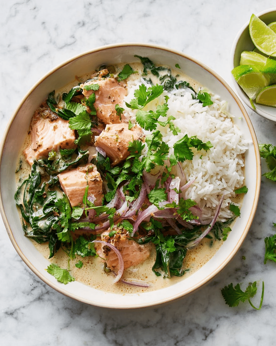 A white bowl filled with a dish that has three main layers: at the bottom is a creamy light beige sauce with a smooth texture, on top of that are chunky pink salmon pieces mixed with dark green spinach leaves and thin slices of purple-red onions, and the top layer consists of fluffy white rice placed on one side with fresh green cilantro leaves scattered over the entire dish. To the right, there is a small white bowl containing bright green lime wedges, all set on a white marbled surface. photo taken with an iphone --ar 4:5 --v 7