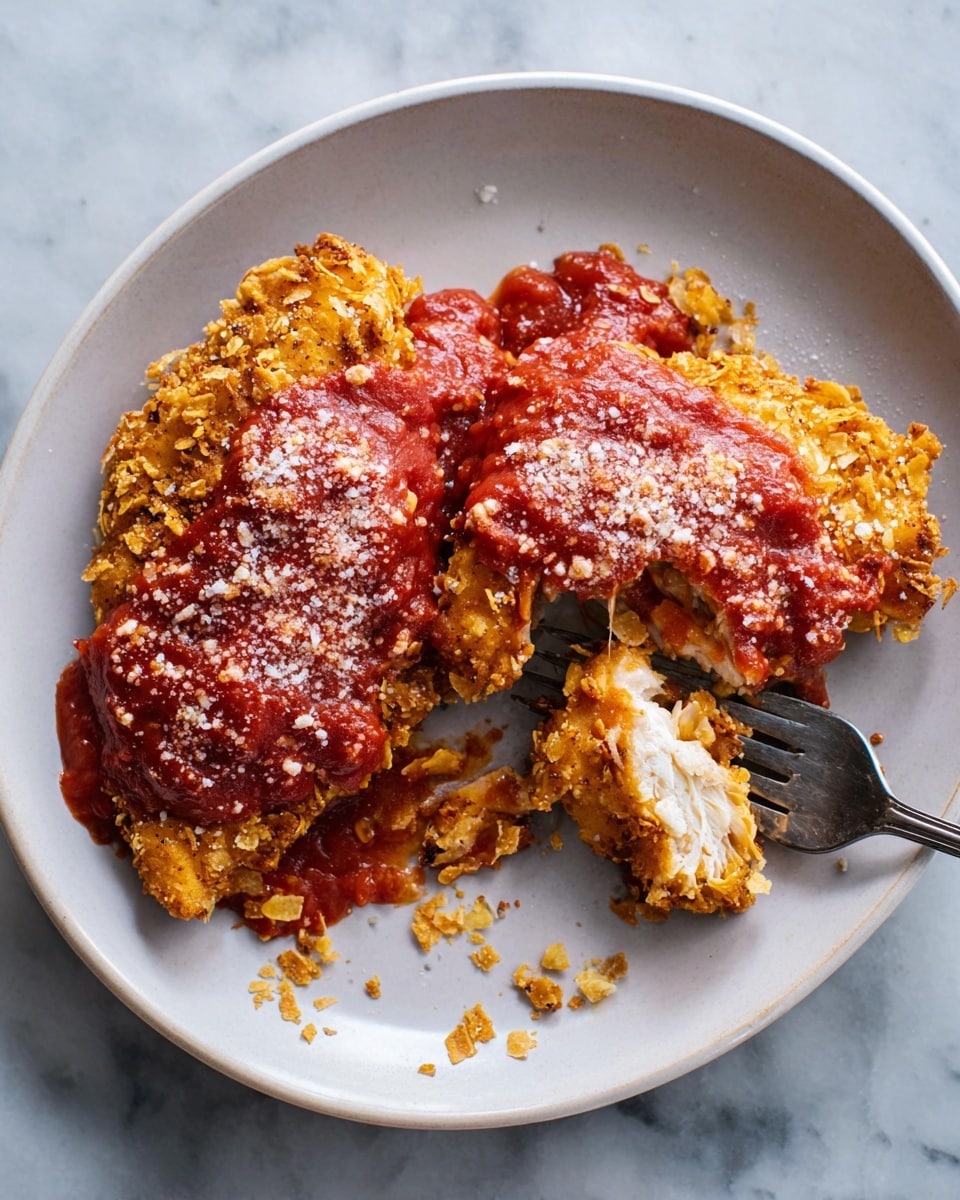 A white plate holds two large pieces of crispy fried chicken with a golden-brown crust made of crunchy flakes. The top piece is covered with a thick layer of chunky red tomato sauce, sprinkled with white grated cheese. There are some crumbs around the chicken on the plate. A metal fork is holding a small piece of the chicken, showing the white cooked meat inside. The plate sits on a white marbled surface. photo taken with an iphone --ar 4:5 --v 7