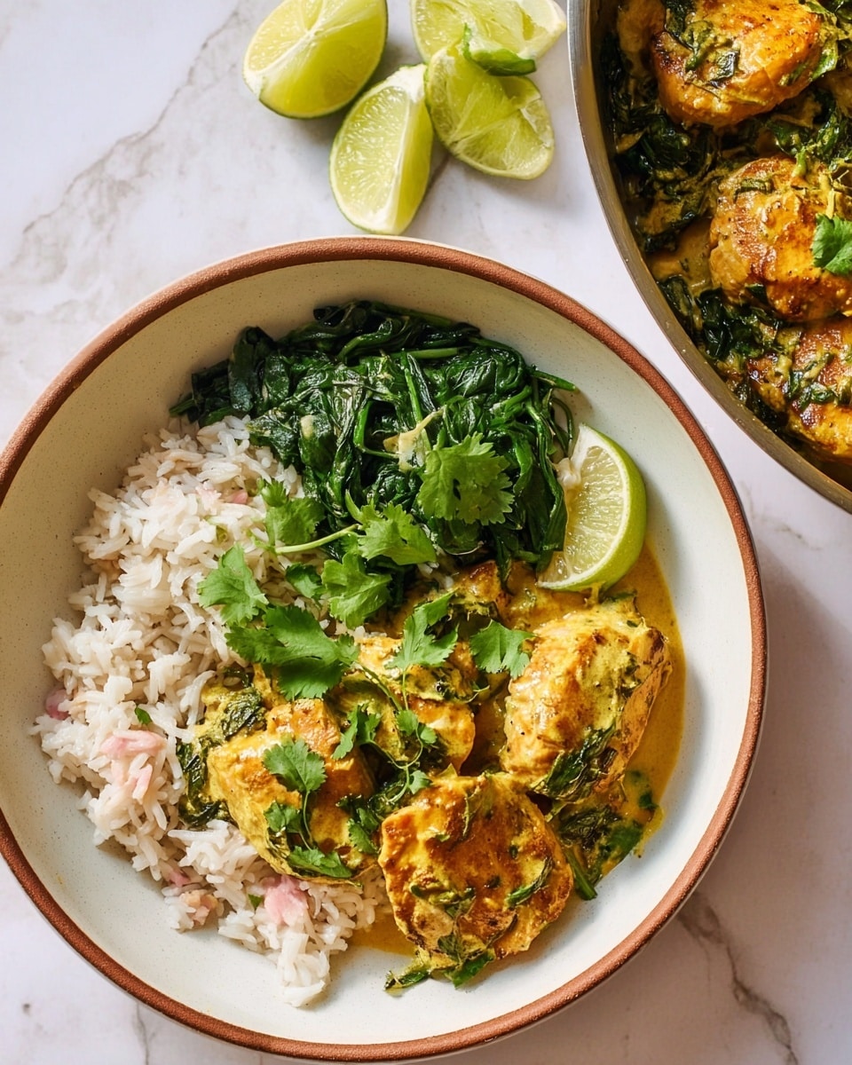 A white speckled bowl holds a layered dish with a base of cooked rice that is light beige and fluffy, topped with bright green cooked spinach leaves on the left side, and pieces of light pink fish coated in a thick yellow curry sauce scattered on the right. The fish chunks have a soft texture with some green herbs mixed in the sauce. Garnished with fresh green cilantro leaves and two lime halves on the edge of the bowl, the scene shows part of a white pan on the right filled with more of the yellow curry fish and spinach over rice. The whole arrangement sits on a white marbled surface. Photo taken with an iphone --ar 4:5 --v 7