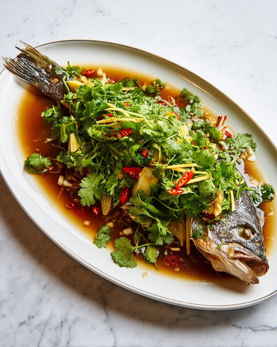 A whole cooked fish with skin and head intact lies flat on a large white oval plate, covered by a thick pile of fresh green cilantro leaves and thin yellow ginger strips. Bright red chili slices and translucent minced garlic are scattered on and around the fish. The fish rests in a shallow pool of brown sauce with a glossy surface. The plate sits on a white marbled textured surface photo taken with an iphone --ar 4:5 --v 7