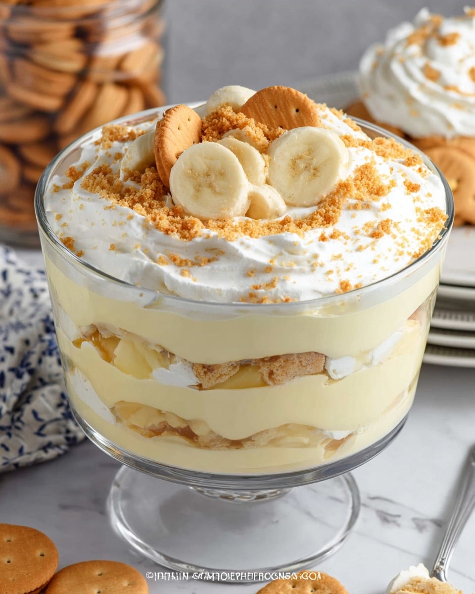 A clear glass dish showing a layered dessert with four distinct layers: the bottom layer has creamy light yellow pudding with pieces of banana and crushed biscuits, the second layer is a mix of sliced bananas and more pudding, the third layer is thick light yellow pudding again, and the top layer is fluffy white whipped cream sprinkled with crushed golden brown biscuit crumbs, a whole biscuit, and two banana slices. The dessert is placed on a white marbled surface with a jar of whole biscuits and a partial view of a white plate with whipped cream and a biscuit in the background. photo taken with an iphone --ar 4:5 --v 7
