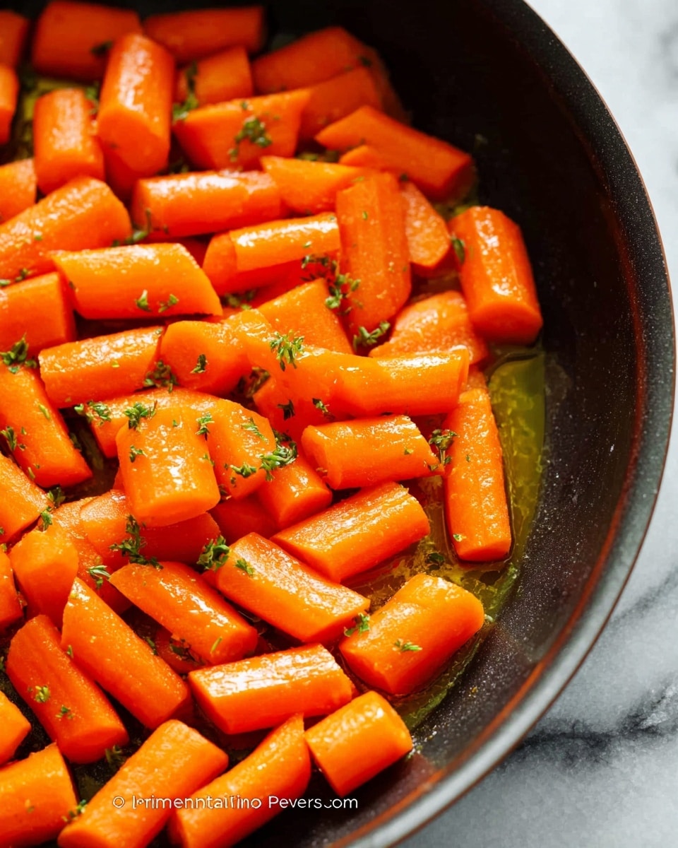 The image shows a close-up of bright orange baby carrots cut into small, thick pieces layered evenly in a dark pan. The carrots have a shiny, glazed texture from being cooked in oil or butter, and small green herb flakes are sprinkled over them, adding specks of green color. The pan's edge curves gently, framing the vibrant carrots against a simple background with a white marbled texture. photo taken with an iphone --ar 4:5 --v 7