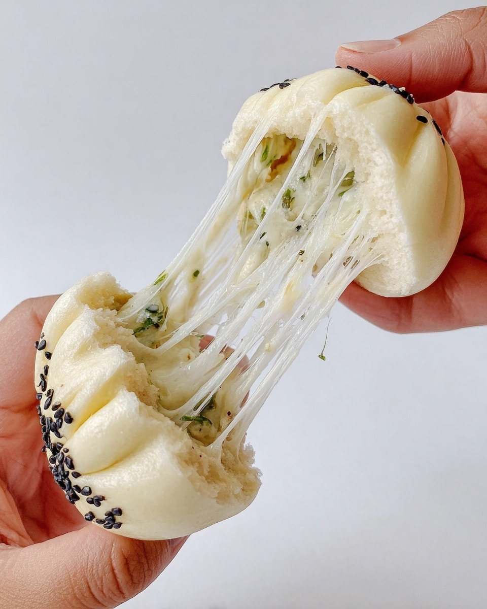 A close-up of a soft, light beige steamed bun with black sesame seeds on its smooth outer layer is being pulled apart by two woman's hands against a plain white background. The interior reveals a fluffy white dough layer filled with melted, stretchy white cheese mixed with small pieces of green herbs, creating a gooey, elastic texture as the bun is stretched open. Photo taken with an iphone --ar 4:5 --v 7