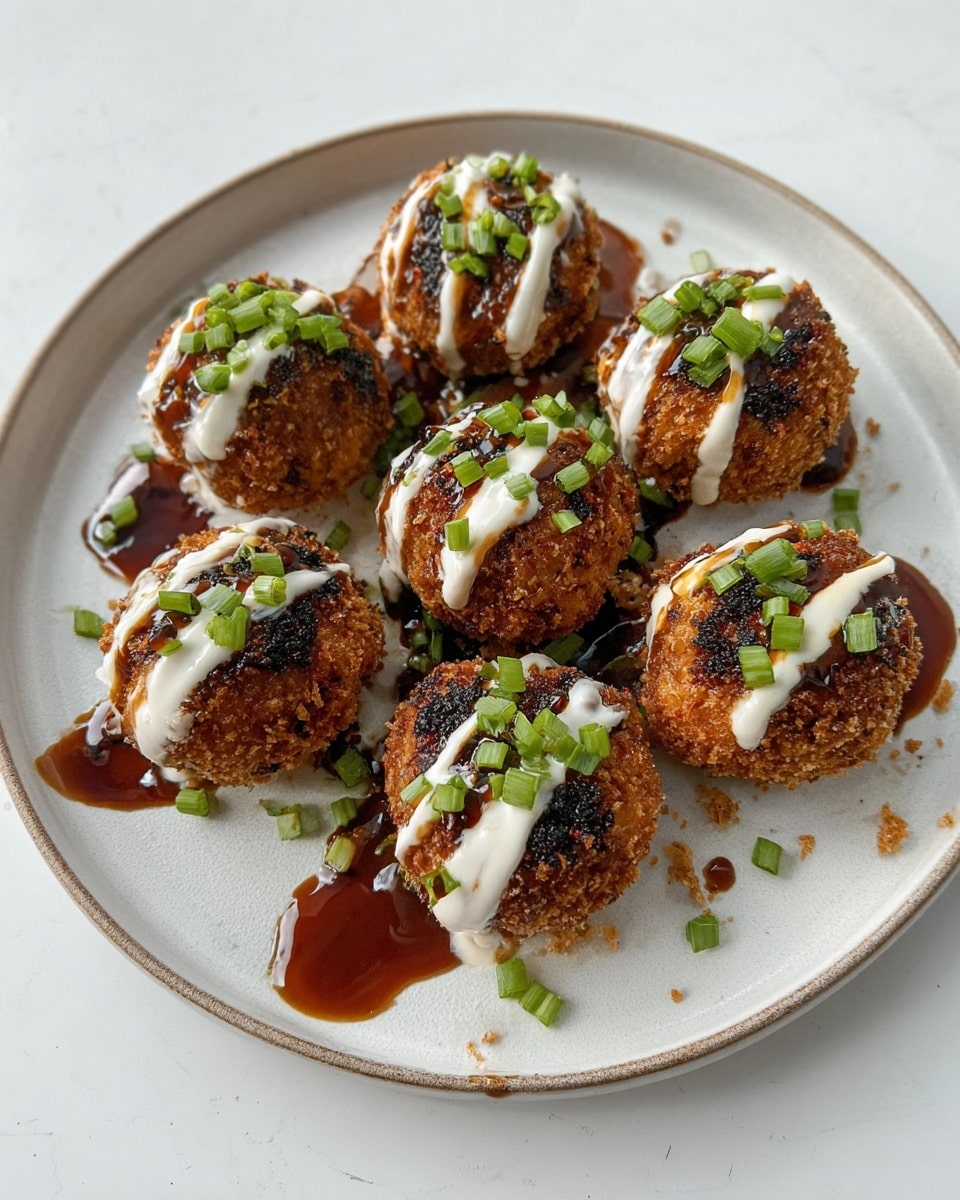 Six round, crispy, golden-brown fried balls layered with a dark, crunchy coating sit on a white plate with a slightly raised edge. Each ball is drizzled with white creamy sauce and a thick dark brown sauce, with bright green chopped scallions scattered on top and around them. The plate rests on a white marbled surface, and the balls show texture from the crunchy bits and softer interior. Photo taken with an iphone --ar 4:5 --v 7