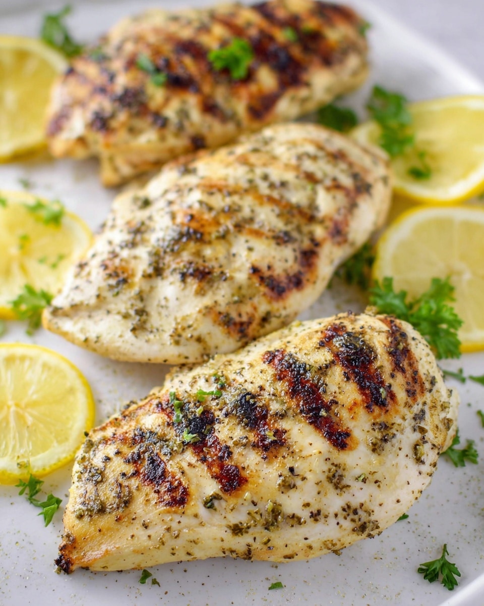 Two grilled chicken breasts with visible char marks, seasoned with herbs and spices, are placed side by side on a white plate. Beneath the chicken, there are a few green parsley leaves adding a touch of color. Behind the chicken, two thin lemon slices sit upright, overlapping each other slightly. The plate rests on a white marbled surface. In the background, there is a large white bowl with another grilled chicken breast and a lemon slice inside. Photo taken with an iphone --ar 4:5 --v 7