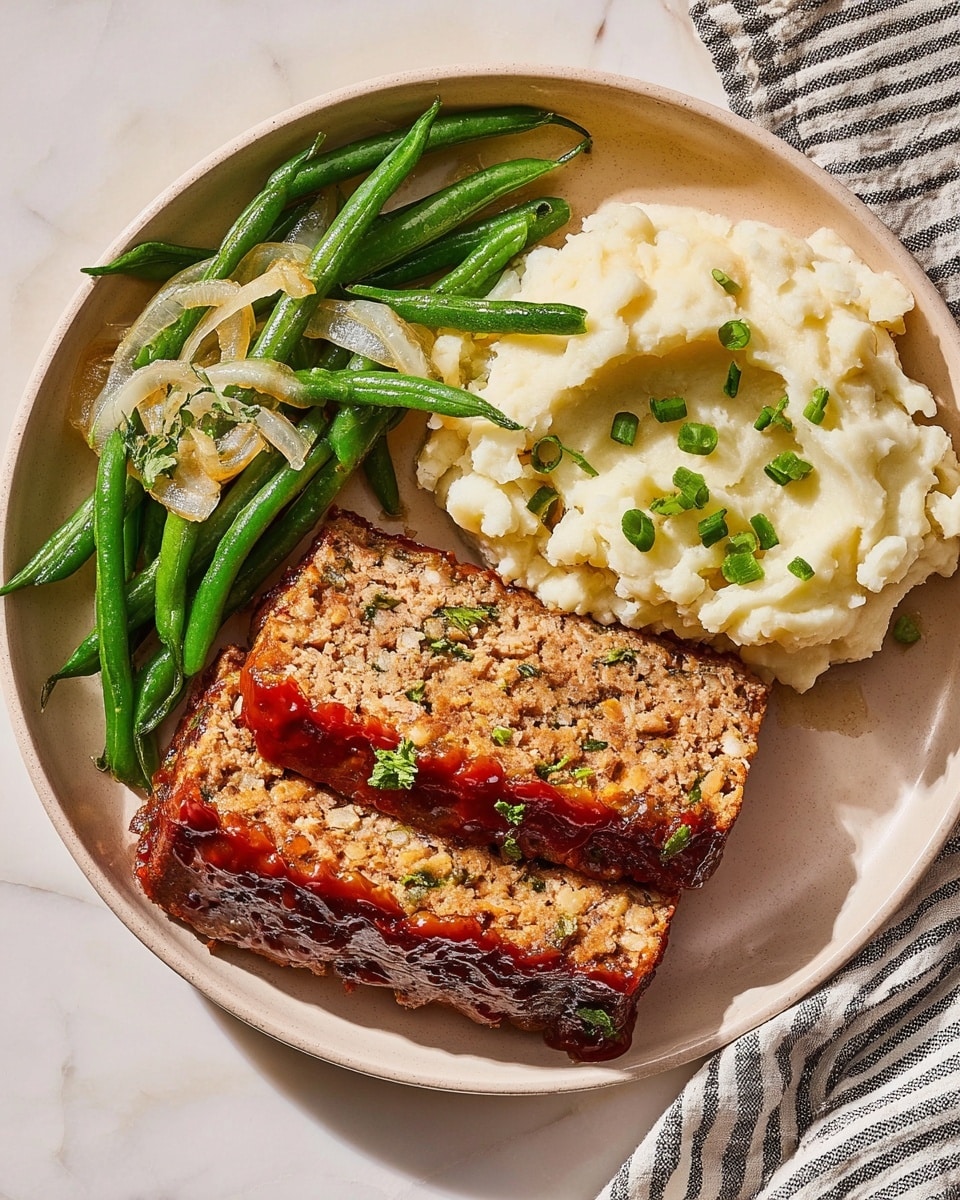A white plate holds a meal of three parts: two rectangular slices of a textured meatloaf with a shiny, reddish-brown glazed top and bits of herbs sprinkled on it in the front; to the left, bright green cooked green beans mixed with thin, soft, browned onion strips; on the right side, a scoop of creamy, pale yellow mashed potatoes topped with small green onion pieces, all set on a white marbled surface with a checkered cloth in the top right corner. photo taken with an iphone --ar 4:5 --v 7
