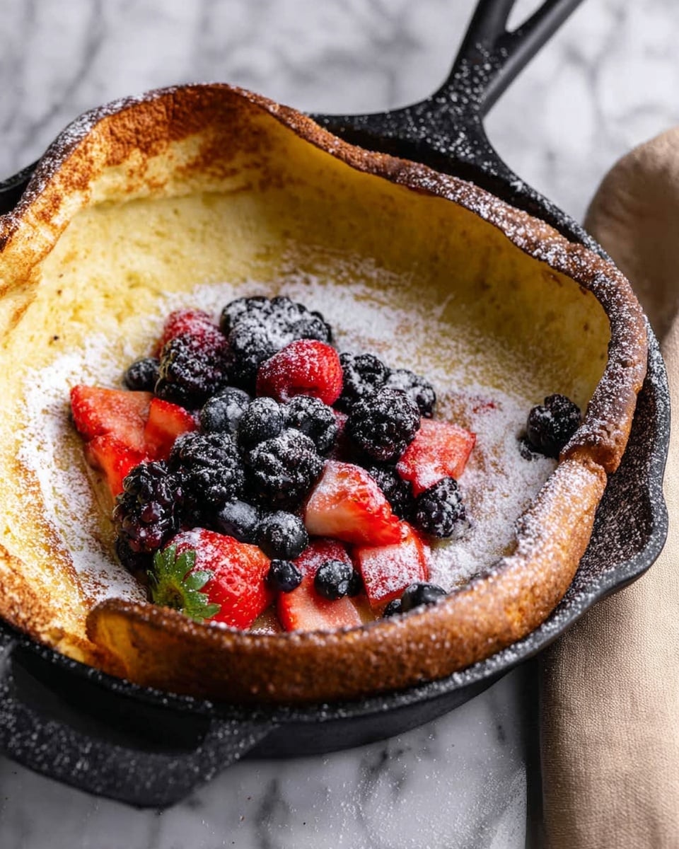A thick, golden brown Dutch baby pancake with puffed, curved edges dusted lightly with white powdered sugar sits in a black cast iron skillet. Inside the center of the pancake is a single row of mixed fresh berries in three layers: dark blackberries with a rough texture, smooth deep blue blueberries, and shiny red strawberry slices with visible seeds, giving a fresh colorful contrast. The skillet rests on a white marbled surface with a beige cloth partially visible in the background. photo taken with an iphone --ar 4:5 --v 7