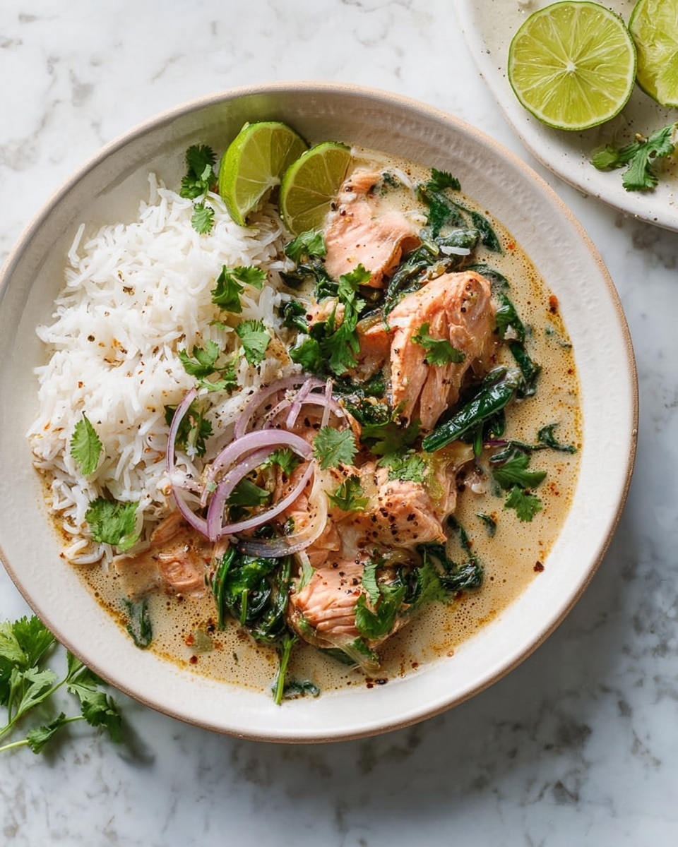 The image shows a white bowl filled with two main layers: on one side there is white jasmine rice with a fluffy texture, and beside it is a creamy soup with large, soft, pink-orange chunks of salmon. The salmon is mixed with wilted spinach leaves, thin slices of purple onion, and topped with fresh green cilantro leaves. The soup has a light brownish cream color and is sprinkled with cracked black pepper. Some lime wedges are placed on a white bowl nearby, sitting on a white marbled surface. The photo taken with an iphone --ar 4:5 --v 7