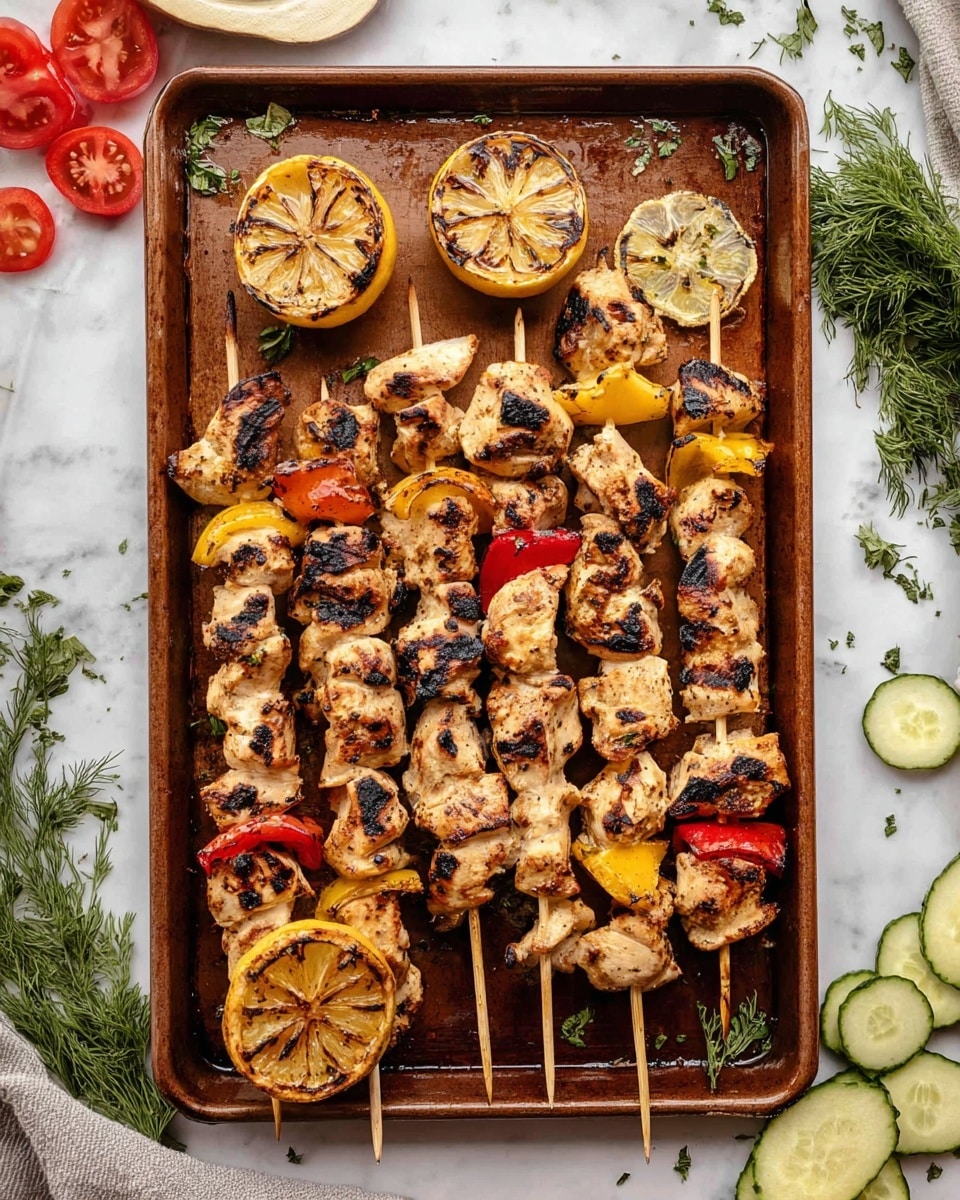 The image shows a round wooden platter filled with grilled Greek chicken kabobs as the main layer, with pieces of chicken lightly charred, mixed with red bell pepper chunks and slices of grilled yellow lemon. Around the kabobs, there are several slices of white pita bread stacked on the right side, and thin slices of purple onion lay in front. To the back of the platter, there are fresh cucumber slices arranged in a small stack, wedge-shaped tomato pieces, and a few black olives scattered throughout. There is also a small white bowl filled with crumbled white feta cheese placed on the left side near the top. The background is a white marbled texture. photo taken with an iphone --ar 4:5 --v 7