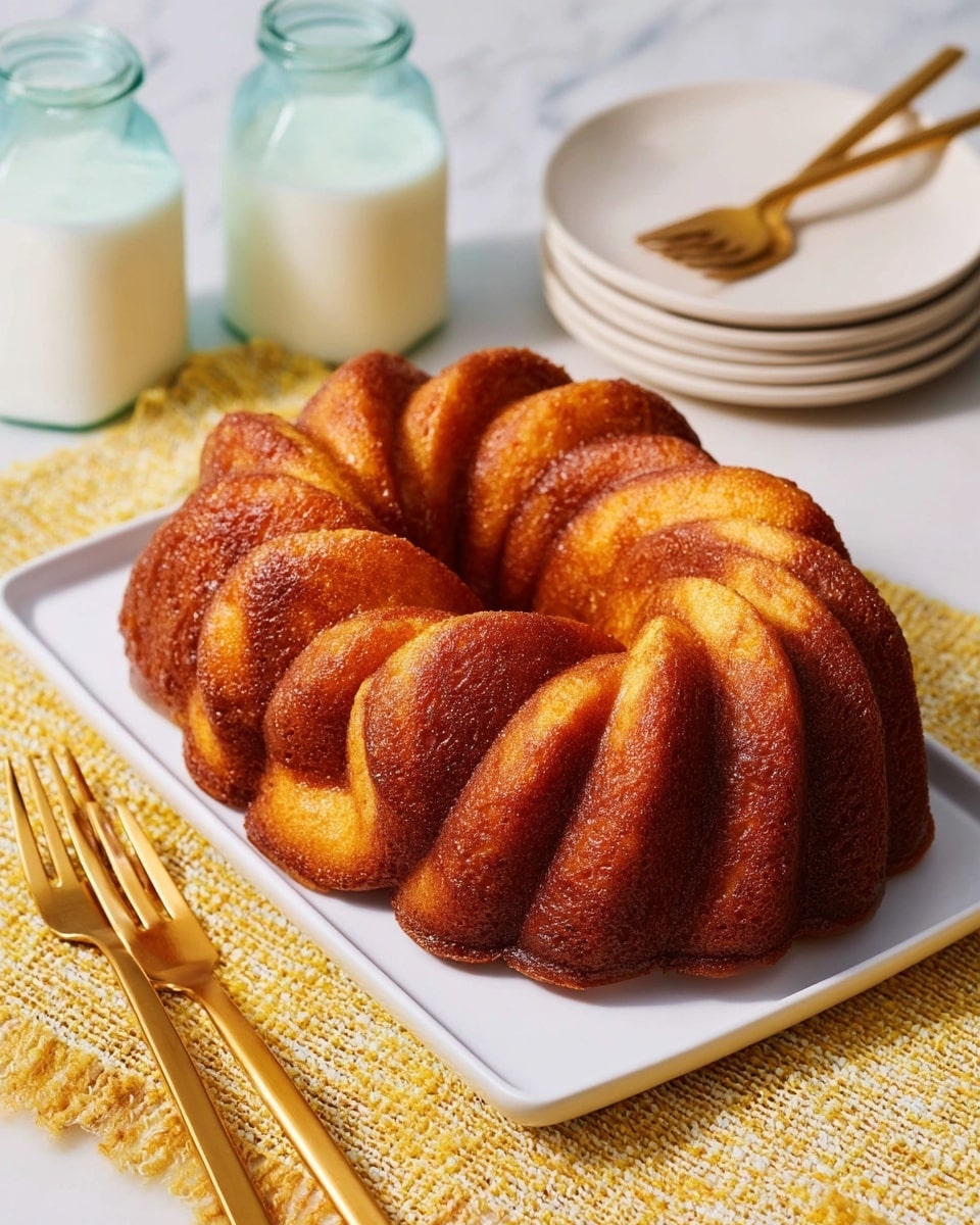 A golden brown twisted bundt cake with a smooth, slightly shiny surface sits on a white rectangular plate. The cake has deep swirls that show a rich texture with a darker caramelized outer layer. Two gold forks lie beside the plate on a yellow and beige woven cloth. In the background, there are two clear glass jars filled with white milk near two stacked white plates resting on a white marbled surface. photo taken with an iphone --ar 4:5 --v 7