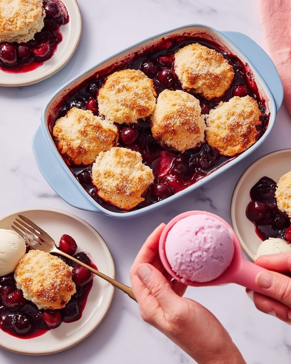 A white plate holds a dessert with three main parts: a golden brown biscuit on the right side, topped with coarse sugar crystals and broken to show a soft inside; a scoop of creamy white vanilla ice cream on the left; and a layer of dark red cherry sauce with whole cherries spread beneath and around the biscuit and ice cream, creating a mix of smooth and chunky textures. A silver spoon rests on the top of the plate, touching both the cherry sauce and the biscuit. The plate is set on a pale purple surface that contrasts with the food colors. photo taken with an iphone --ar 4:5 --v 7