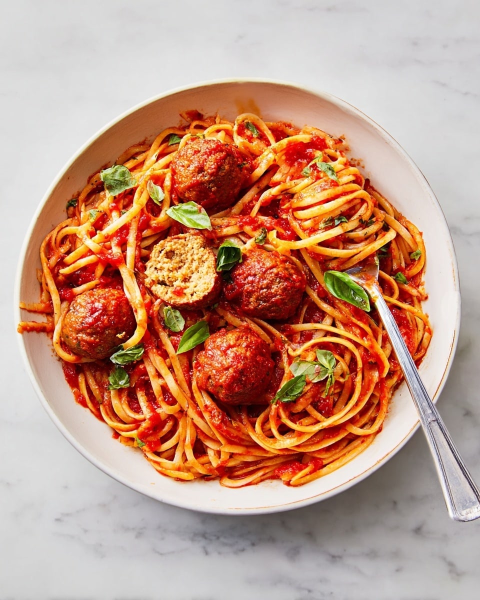 A round, shallow white bowl holds a serving of spaghetti mixed with tomato sauce, with five meatballs placed on top, one of which is cut open showing a textured and moist inside. The spaghetti is coated in bright red sauce with a smooth, slightly chunky texture. Fresh green basil leaves are scattered over the pasta and meatballs, adding a fresh touch of color. A silver fork rests on the right side, partially twirling the pasta. The bowl is set on a white marbled surface. photo taken with an iphone --ar 4:5 --v 7