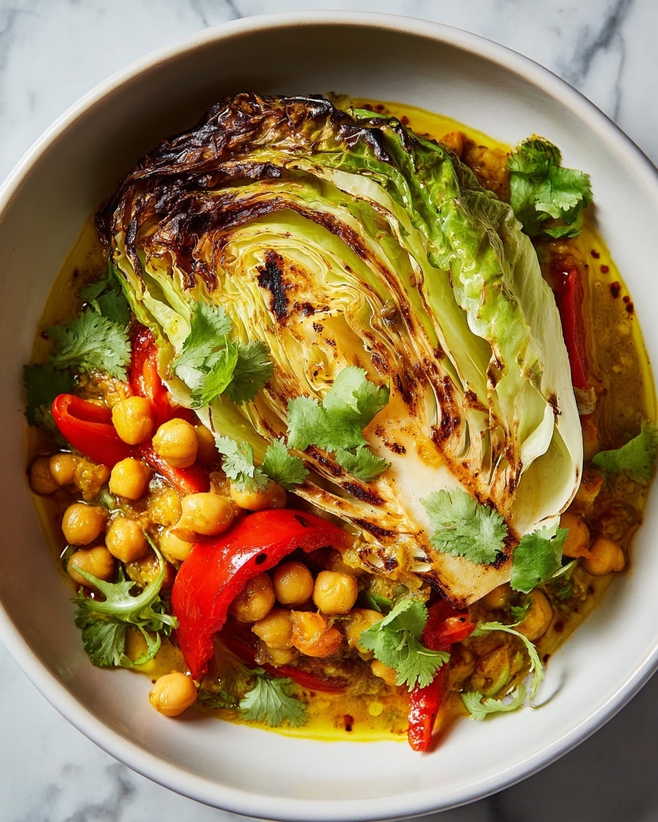 The image shows a white bowl filled with a layered dish starting with a bright yellow curry sauce at the bottom. On top of the sauce, there are soft, round chickpeas scattered throughout, along with thin slices of red bell pepper adding pops of red color. The main layer is a large piece of grilled cabbage with charred edges and greenish-yellow leaves folded and placed in the center. Fresh green cilantro leaves are sprinkled on top, adding a fresh touch. The bowl sits on a white marbled surface. Photo taken with an iphone --ar 4:5 --v 7