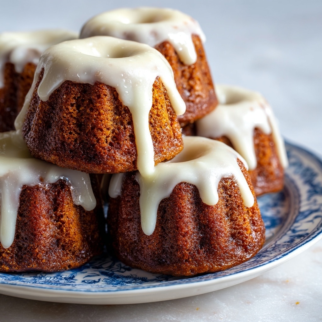 A group of small bundt cakes with a rich brown color and soft texture sit stacked on a white plate with a blue floral pattern, each topped with thick, dripping white icing that runs unevenly down the sides, giving a fresh, homemade feel. The close-up view highlights the contrast between the smooth, glossy icing and the slightly rough surface of the cakes. The plate rests on a white marbled texture that brightens the scene. photo taken with an iphone --ar 4:5 --v 7