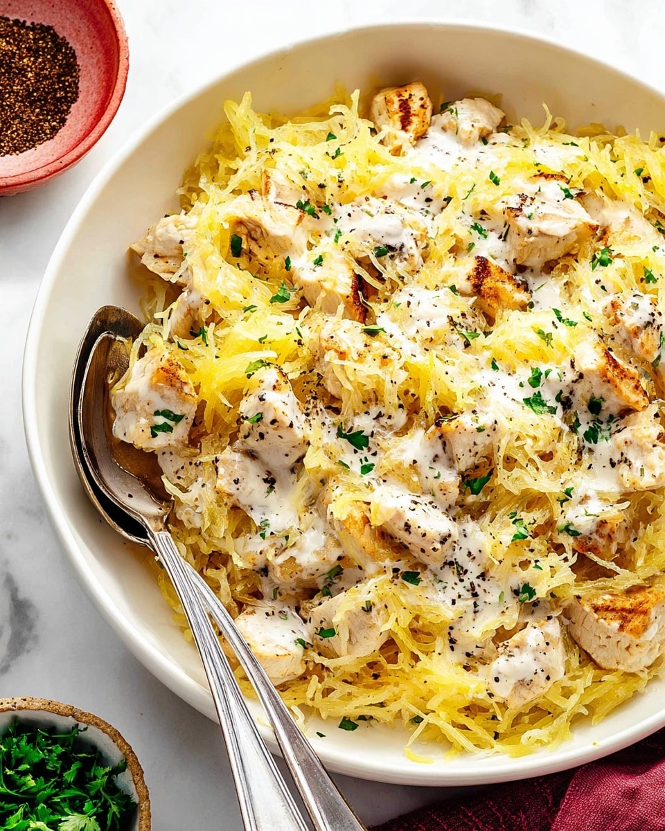 A close-up of a white bowl filled with creamy spaghetti squash pieces and grilled chicken chunks mixed together, topped with white creamy sauce, black pepper, and small green herb pieces scattered all over the dish. The spaghetti squash strands are light yellow with a soft, fibrous texture, while the chicken pieces are golden brown on the edges with a juicy inside. Two silver serving spoons are partially inserted in the bowl on the left side. The bowl is placed on a white marbled surface with a small bowl of chopped green herbs and a red bowl with a dark brown spice visible in the background. Photo taken with an iphone --ar 4:5 --v 7