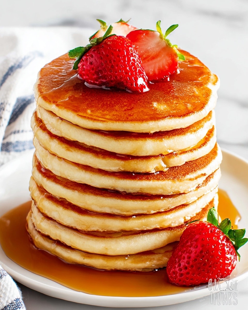 A stack of ten golden brown pancakes is shown on a white plate, with a thick syrup pooled around the base. A slice is cut out from the stack, revealing the fluffy and light texture inside each pancake layer. A silver fork holds a portion of four pancake layers pulled away from the stack. On top, a half strawberry with a green leafy top rests, adding a pop of red and fresh color. The scene has a soft light and is placed on a white marbled surface. Photo taken with an iphone --ar 4:5 --v 7