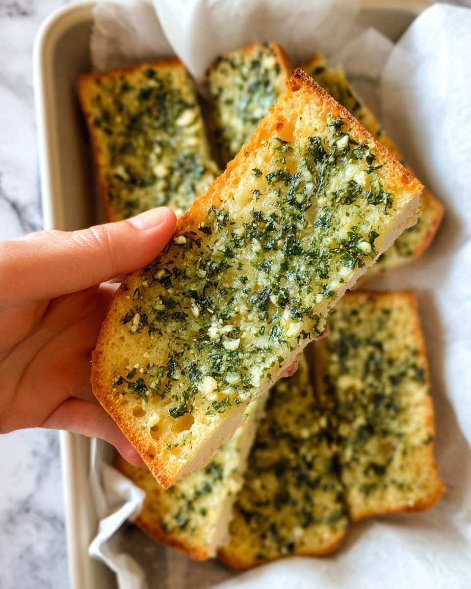 A woman's hand is holding a rectangular slice of garlic bread topped with a thick layer of chopped green herbs and garlic, showing a golden-brown crust on the bottom and soft, porous white bread inside. Below, there is a white tray lined with white parchment paper holding several more rectangular slices of similar garlic bread with the same green herb and garlic topping. The background has a white marbled texture. photo taken with an iphone --ar 4:5 --v 7