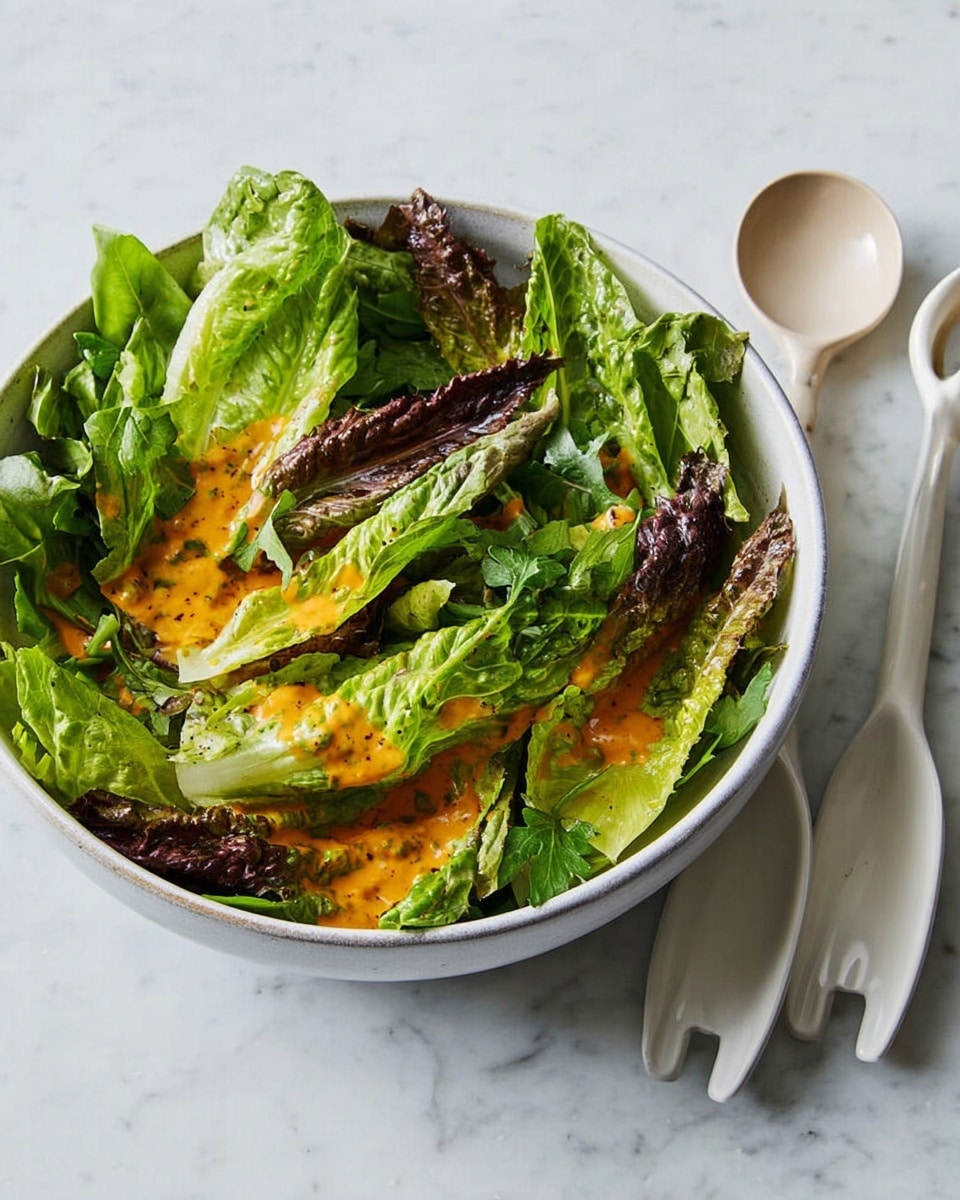A bowl of fresh green salad with several layers of different leafy greens, including romaine lettuce with light green and dark purple shades, topped with bright orange dressing scattered unevenly over the leaves. The salad is served in a white bowl, placed on a white marbled surface. Next to the bowl are two white salad servers with simple shapes. The lighting is natural and soft, highlighting the fresh texture of the greens and the creamy texture of the orange dressing. photo taken with an iphone --ar 4:5 --v 7