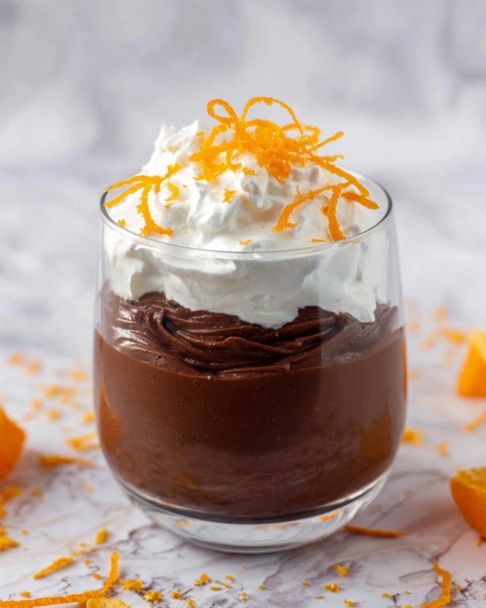 A clear glass filled with two main layers: the bottom layer is rich, smooth dark brown chocolate mousse with visible swirls and soft texture, and the top layer is fluffy white whipped cream with a light, airy appearance. On top of the whipped cream, there are thin, curly orange zest strips scattered as garnish. The glass sits on a white marbled surface with some scattered orange zest pieces around. Photo taken with an iphone --ar 4:5 --v 7