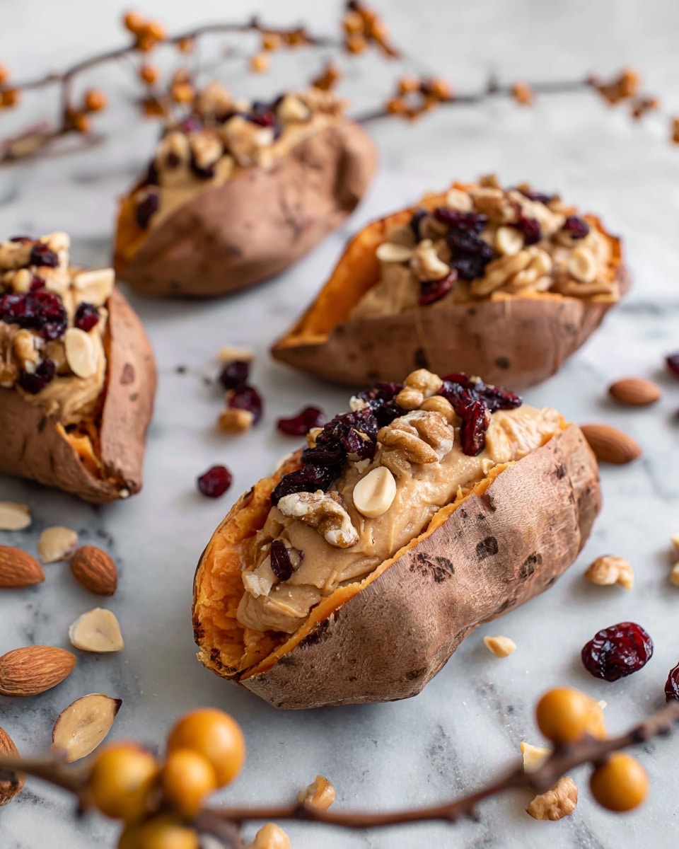 Three baked sweet potatoes with rough brown skin are split open and filled with a thick creamy layer of light brown peanut butter. On top, there is a mix of crunchy walnuts, whole almonds, dark red dried cranberries, and some small peanut pieces scattered along the potatoes and the surrounding white marbled surface. The sweet potato flesh is a soft orange color, peeking through the split in each potato. In the front left corner, a branch with round brown and yellow berries rests slightly blurred. The scene is bright and clear with soft natural light. Photo taken with an iphone --ar 4:5 --v 7