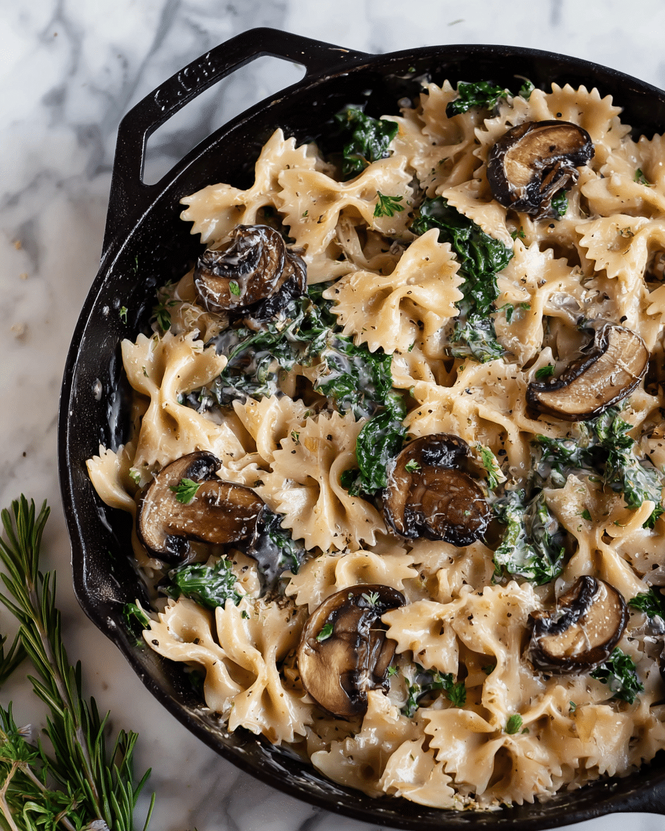 A close-up view of a black cast iron skillet filled with creamy farfalle pasta mixed with green kale leaves and covered with brown, cooked mushroom slices. The farfalle pasta shows light cream sauce coating each piece, while the kale adds dark green color peeking through. The skillet is placed on a white marbled surface, with green rosemary sprigs visible in the corner. Photo taken with an iphone --ar 4:5 --v 7