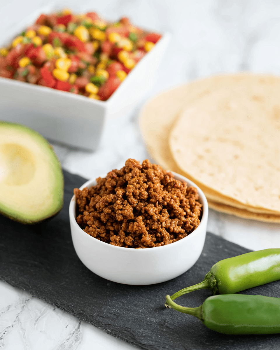 A white small bowl filled with a mound of cooked, crumbled brown textured soy or meat substitute sits on a dark slate serving board. Next to the bowl are two fresh green chili peppers, half an avocado with a light green interior and creamy texture, and two beige corn tortillas with a slightly rough surface. In the background, a white square bowl holds a colorful salsa with diced red tomatoes, yellow corn kernels, and green herbs, all set on a white marbled surface. photo taken with an iphone --ar 4:5 --v 7