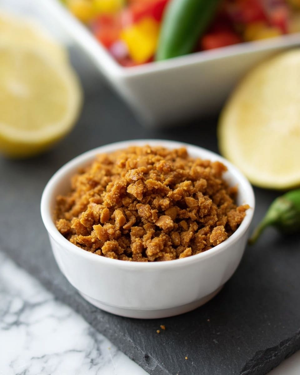 A small white bowl filled with a crumbly, golden-brown cooked mixture that looks like spiced ground nuts or textured soy, placed on a dark grey slate board. In the background, there are bright yellow lemon wedges, a green chili, and a white square bowl with a colorful salad containing red, yellow, and green pieces, all set on a white marbled surface. The focus is on the crumbly mixture in the bowl, showing its uneven texture and slight shine. Photo taken with an iphone --ar 4:5 --v 7