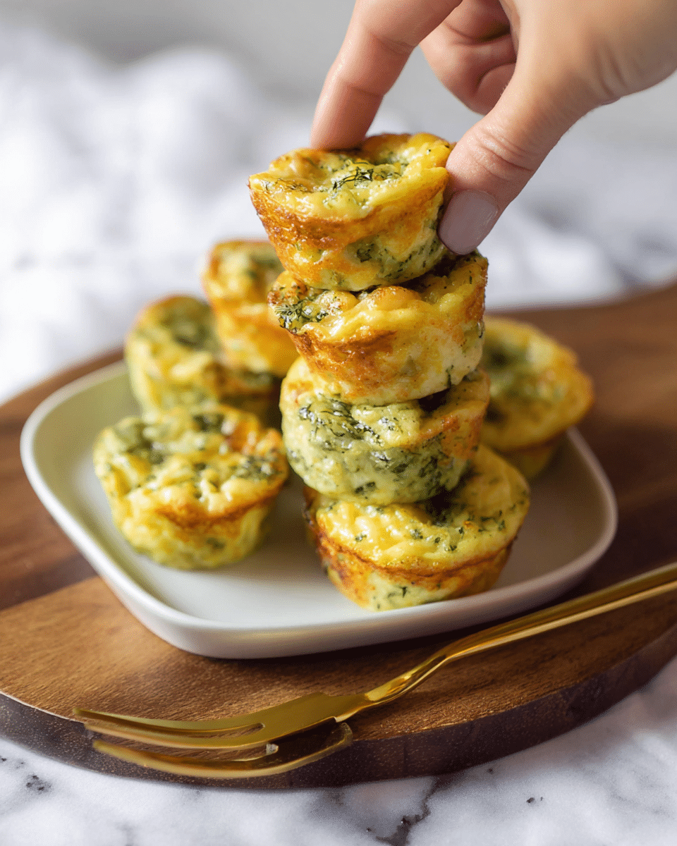 A close-up image shows a woman's hand picking up a small, round egg muffin with green herbs mixed inside and a golden-yellow, slightly crispy top. The muffins are stacked on a white square plate with softly rounded edges, placed on a wooden board. Underneath the board, there is a white marbled surface. A gold fork lies on the wooden board near the plate. The muffins have a soft, fluffy texture with visible green specks, and some melted cheese is seen on the top of a few. photo taken with an iphone --ar 4:5 --v 7