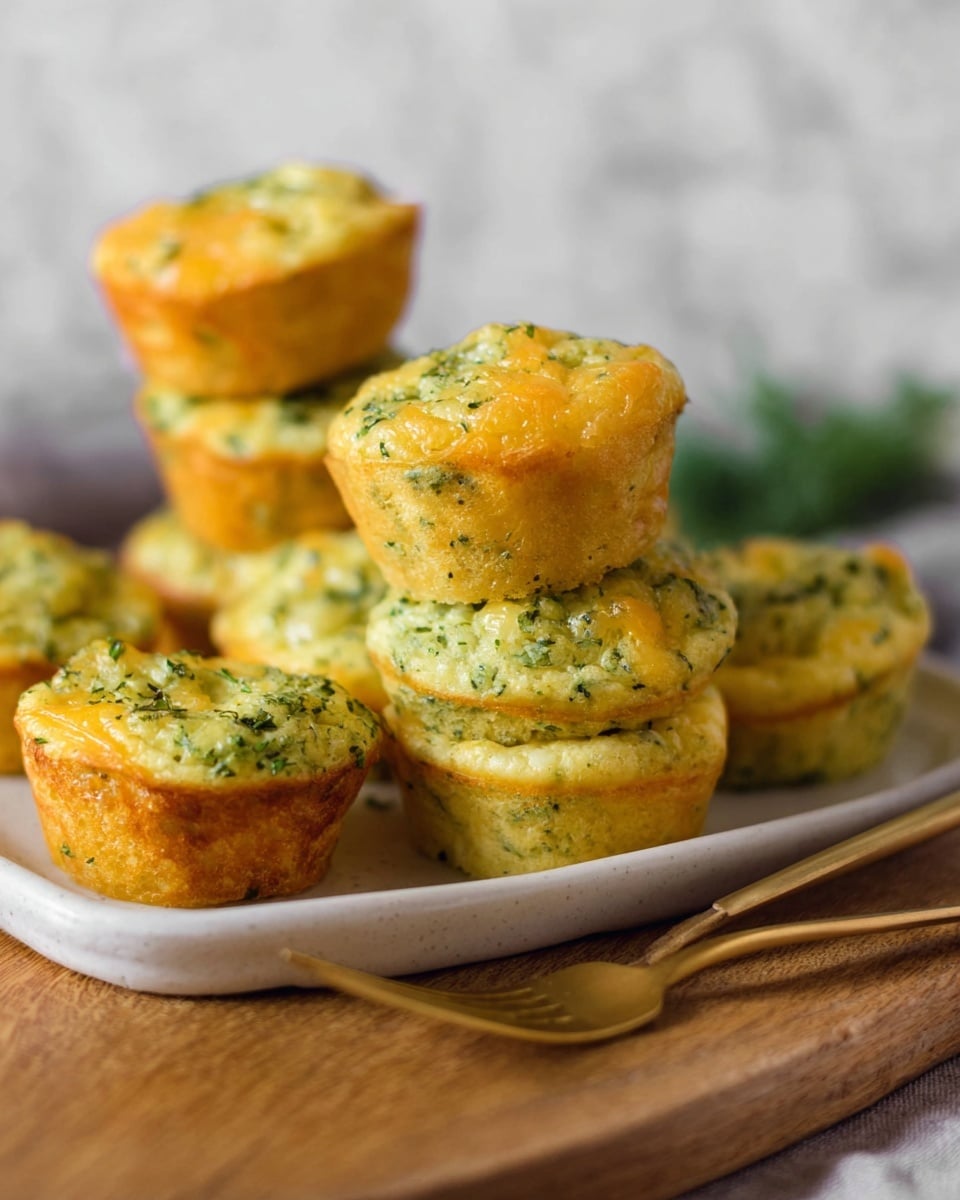 Small round savory muffins are stacked on a white tray, with a few more muffins placed around it on a wooden board. Each muffin has a light green base with tiny flecks of herbs all through and a golden-yellow cheesy top, showing a soft and slightly fluffy texture. The background and surface are white marbled. A golden fork rests on the wooden board near the tray. photo taken with an iphone --ar 4:5 --v 7