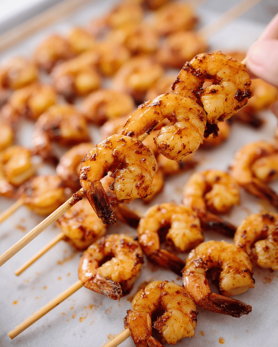 The image shows several wooden skewers with grilled shrimp arranged in a single layer on a white marbled surface. Each skewer holds about four to five shrimp, which have a golden-orange color with charred spots and a textured, slightly crispy surface. In the foreground, a woman's hand holds one skewer showing the shrimp close up, while more shrimp on skewers are laid out in the background, slightly out of focus. The shrimp look juicy and well-seasoned with a light glaze of oil. Photo taken with an iphone --ar 4:5 --v 7