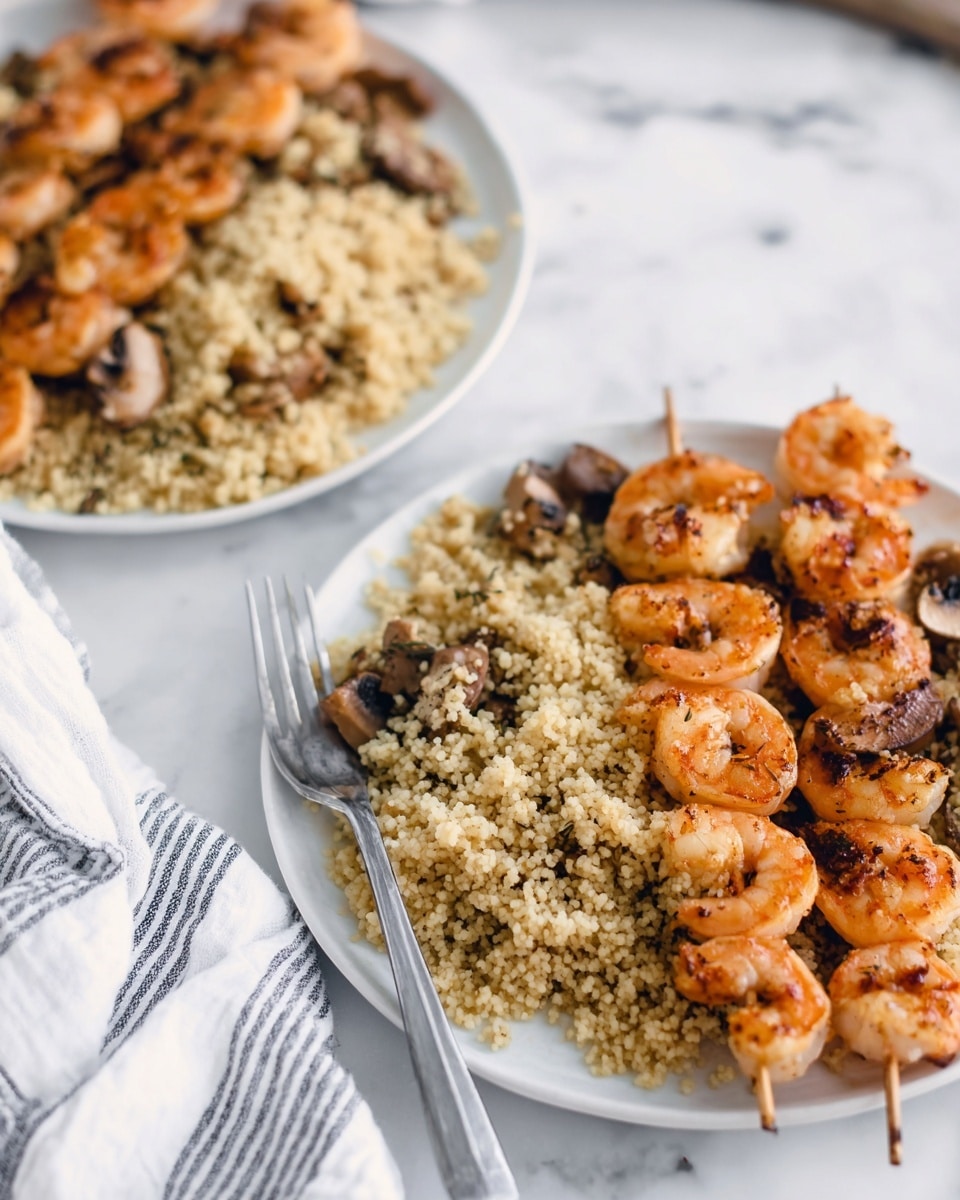 Two white plates sit on a white marbled surface, each filled with two main layers. On one side of each plate, there are light brown couscous grains mixed with small pieces of mushrooms, creating a slightly uneven but dense texture. On the other side, several grilled shrimp skewers are arranged, the shrimp looking juicy with a bright orange-pink color and slight char marks. A silver fork rests on the bottom right edge of the plate in the foreground, with its prongs near the couscous. In the blurred background, a white cloth with thin, dark stripes is draped casually. Photo taken with an iphone --ar 4:5 --v 7