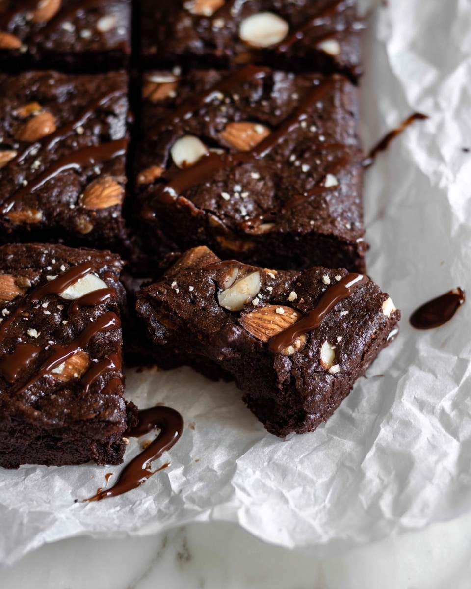 A close-up view of a dark brown brownie slab cut into bars arranged on crumpled white parchment paper placed on a white marbled surface. The brownie has a rich, moist texture with chunks of chopped almonds embedded on top and inside. The surface is drizzled with glossy chocolate sauce, adding a shiny contrast to the matte brownie base. One brownie bar is slightly pulled forward, showing the dense and fudgy interior with visible almond pieces. Photo taken with an iphone --ar 4:5 --v 7