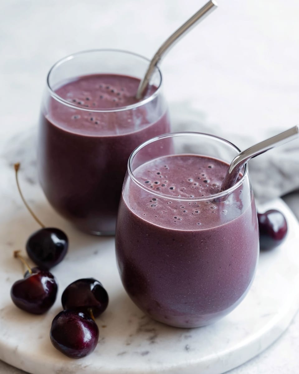 Two clear round glasses filled with a smooth, thick purple smoothie, each having a silver metal straw placed inside. The glasses sit on a round white marbled board with a few dark purple cherries scattered around it. The smoothie has a consistent, slightly frothy texture on top, showing tiny bubbles. The background is soft and mostly out of focus, with a clean white marbled texture visible. photo taken with an iphone --ar 4:5 --v 7