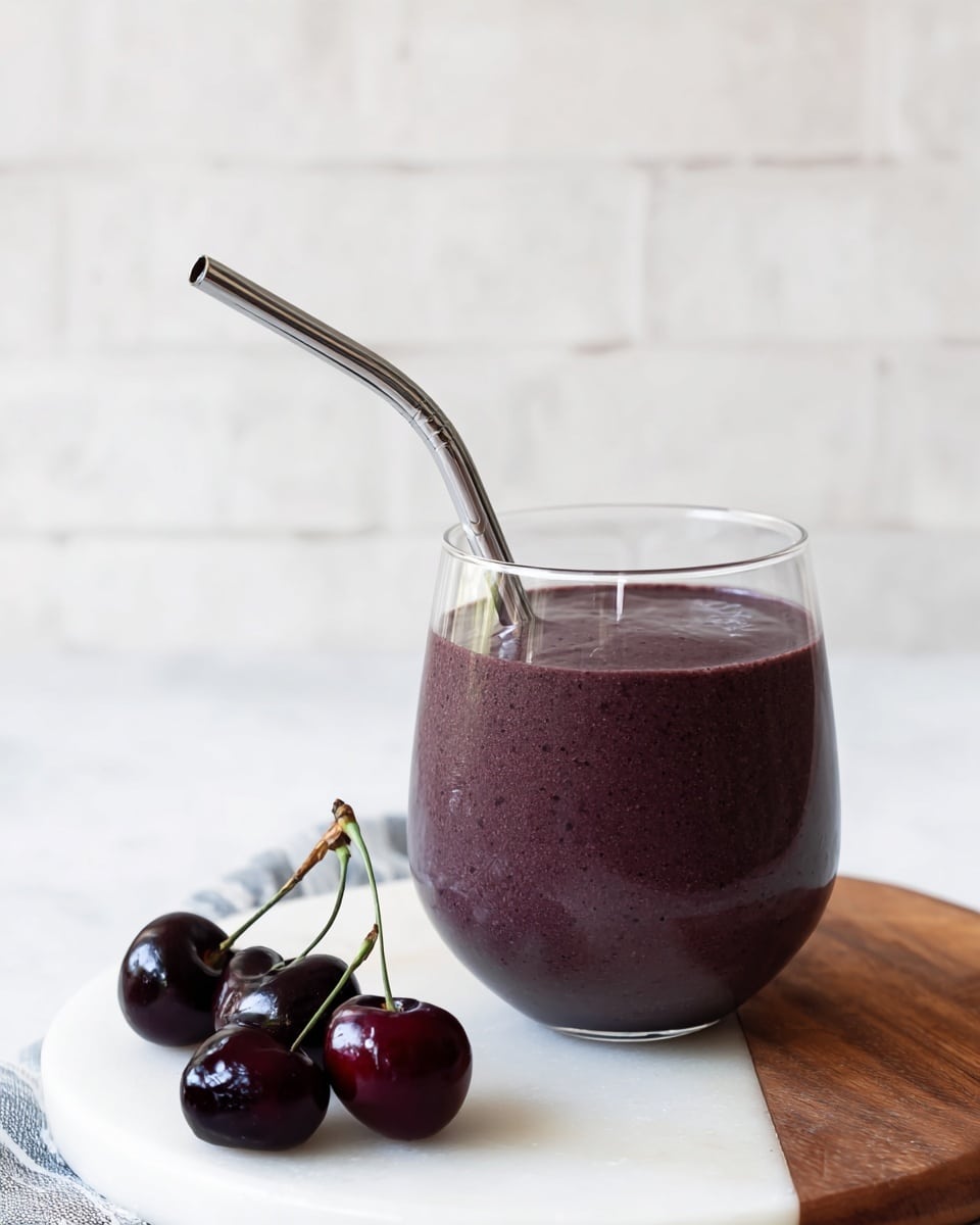 A clear glass is filled with a smooth, thick purple smoothie, about three-quarters full, and a metal straw is placed inside. The glass sits on a round white board with a wooden edge detail, and four shiny dark cherries with stems are scattered around the base of the glass. The background is a white marbled texture with subtle brick-like patterns. photo taken with an iphone --ar 4:5 --v 7