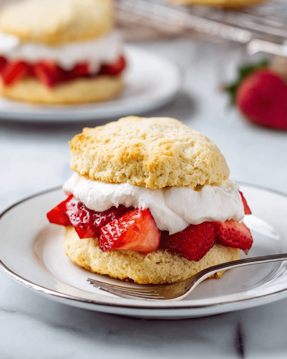 A close-up of a dessert biscuit sandwich with two layers, placed on a white plate with a silver rim, sitting on a white marbled surface. The bottom layer is a round, golden-brown biscuit with a crumbly, soft texture. On top of the biscuit is a layer of bright red sliced strawberries, cut in chunks that show their seeds and juicy inside. Above the strawberries is a thick, white whipped cream layer that looks fluffy and smooth. The top layer is another golden-brown biscuit, slightly cracked and textured, resting on the whipped cream, completing the sandwich. A small silver fork lies next to the biscuit on the plate. In the blurry background, there is a second plate with a similar dessert and a wire rack. photo taken with an iphone --ar 4:5 --v 7