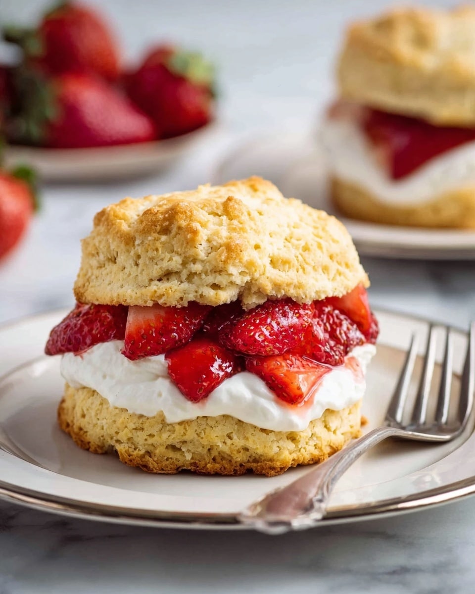 A close-up image of a biscuit sandwich on a white plate with a silver rim, placed on a white marbled surface. The sandwich has two golden, crumbly biscuit layers with a rough texture; the bottom biscuit acts as the base, topped with a thick layer of bright red, halved strawberries and a generous dollop of white whipped cream, then covered with the top biscuit layer. A silver fork lies on the plate's right edge, and a blurred second plate with a similar biscuit sandwich appears in the background. photo taken with an iphone --ar 4:5 --v 7