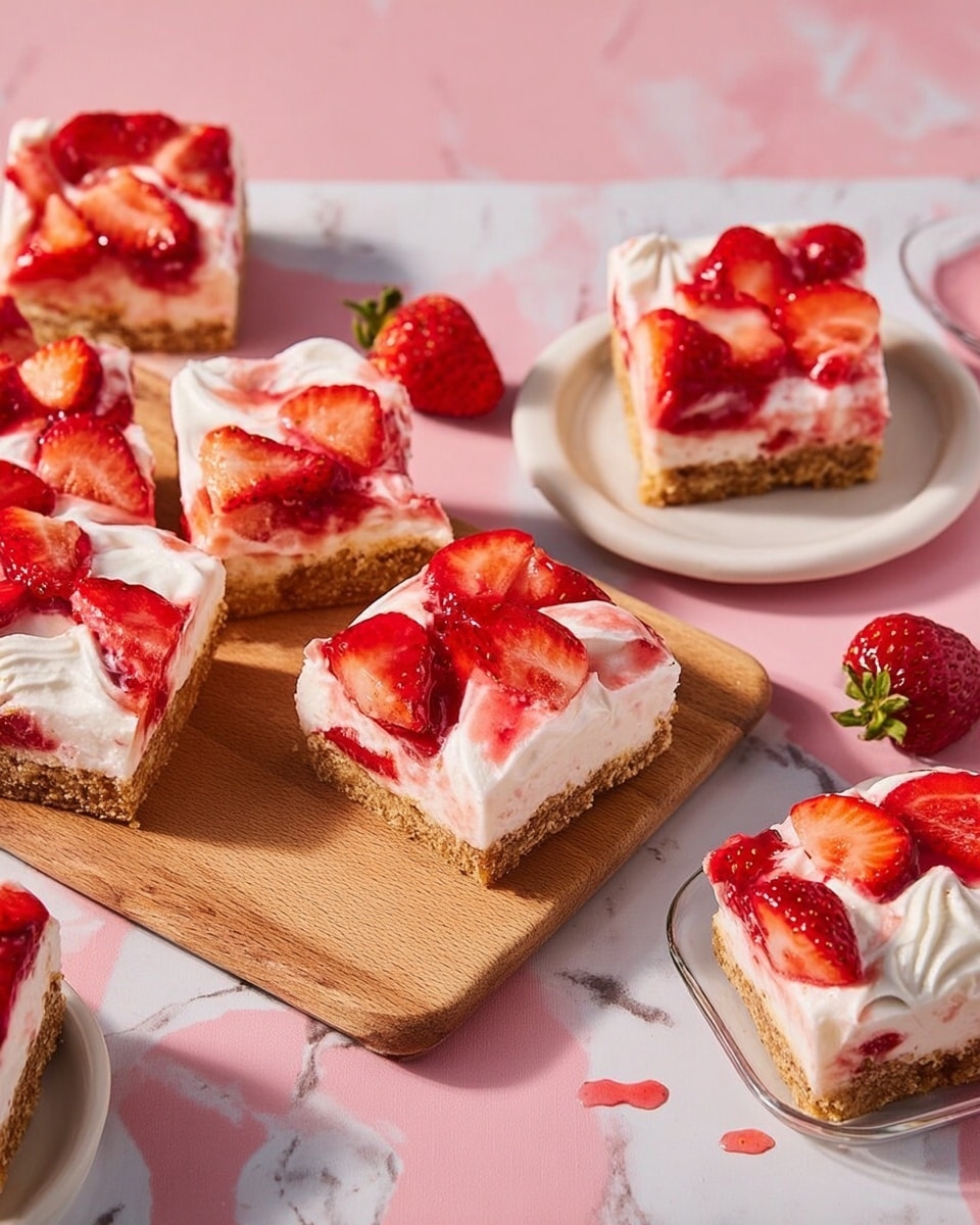 The image shows several square pieces of strawberry dessert with three visible layers: the bottom layer is a light brown crust with a grainy texture, the middle layer is thick white cream with a swirled pattern, and the top layer is fresh bright red strawberry slices, some whole and some halved, scattered unevenly over the cream. The slices have a shiny, juicy look. The dessert squares are placed on a wooden board and a white plate, with some pieces also on clear glass plates, all set on a soft pink background overlaid with a white marbled texture. There are small drops of strawberry juice around the food, adding to the fresh and colorful look photo taken with an iphone --ar 4:5 --v 7
