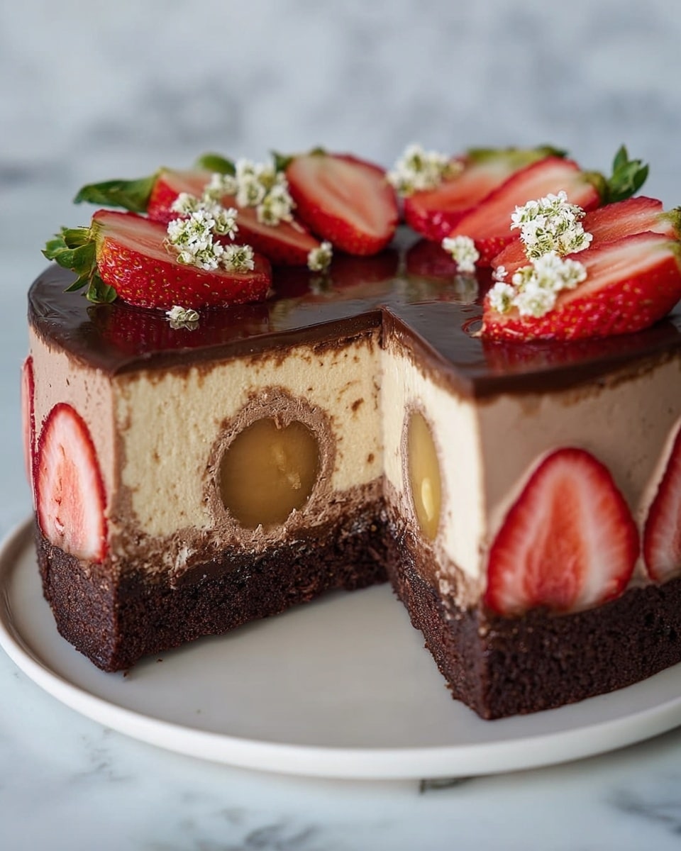 The image shows a round cake with three main layers, sliced to reveal the inside. The bottom layer is dark brown and looks dense and chocolatey. The middle layer is a thick, creamy beige mousse that fills most of the cake. Inside this mousse layer, there is a small round sponge cake filled with a shiny light caramel or jelly center. The top layer is a smooth chocolate ganache covering the cake, decorated with thinly sliced strawberries and small white edible flowers. On the sides of the mousse layer, sliced strawberries are placed vertically around the cake. The cake sits on a white plate, and the background is a white marbled texture. Photo taken with an iphone --ar 4:5 --v 7