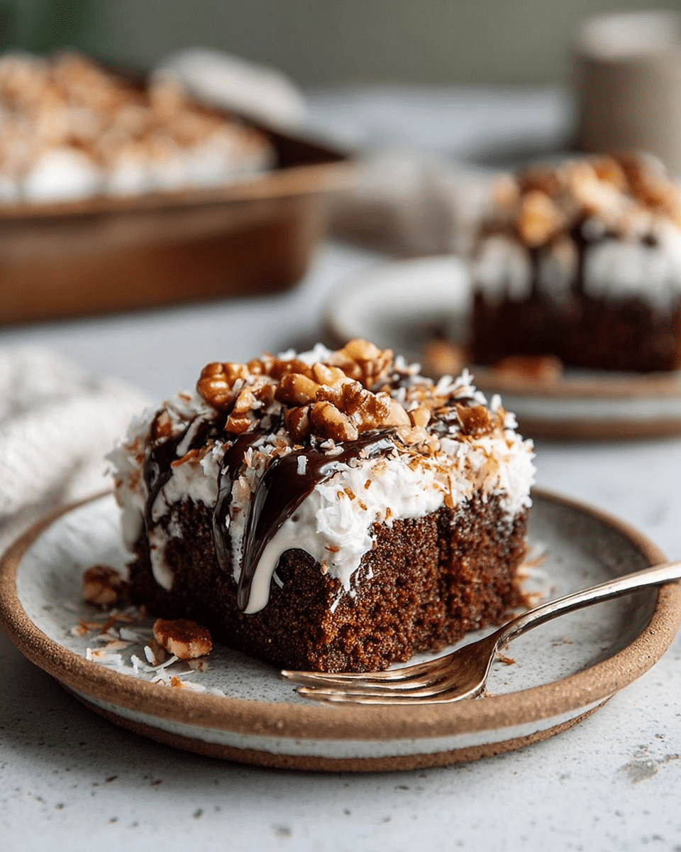 A close-up of a square piece of chocolate cake is shown on a rustic round white plate with a fork beside it. The cake has a dark brown, moist-looking base layer, topped with a thick layer of white cream that is dripping down the sides. On top of the cream, there is a drizzle of dark chocolate sauce and a generous sprinkling of chopped walnuts and shredded coconut, adding texture and contrast. Another similar piece of cake is slightly blurred in the background on the same style of white plate, all set on a white marbled textured surface. Photo taken with an iphone --ar 4:5 --v 7