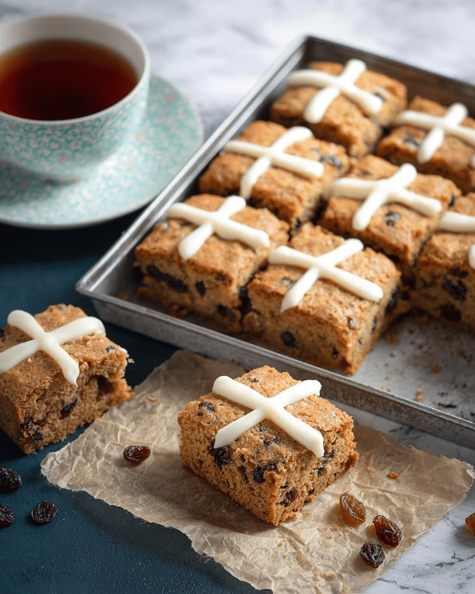 The image shows a metal baking tray filled with nine square pieces of fruit cake topped with white icing in a cross pattern on each piece. One square piece is cut and placed on a piece of brown parchment paper on a dark surface beside the tray, with a few raisins scattered around it. The cake has a golden-brown crust with a crumbly texture and visible dark dried fruit inside. Above the tray, part of a white plate with a patterned light blue edge holds a cup of dark tea. The background is a white marbled texture. Photo taken with an iphone --ar 4:5 --v 7